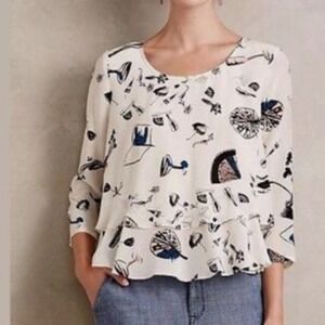 Maeve Anthropologie Blouse Ruffle Hem Novelty Print 3/4 Sleeve Top Size 8 Whimsy